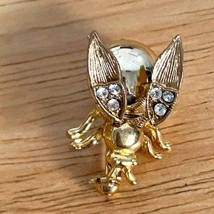 Vintage Gold Tone Clear Rhinestone Bee Insect Trembler Brooch Pin